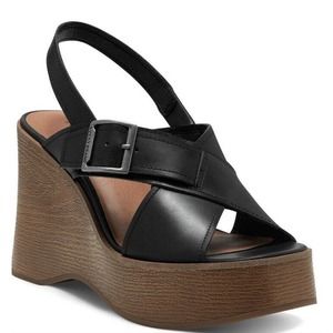 LUCKY BRAND Delaynee Platform Wedge Slingback Black Sandal, Leather Size 9.5